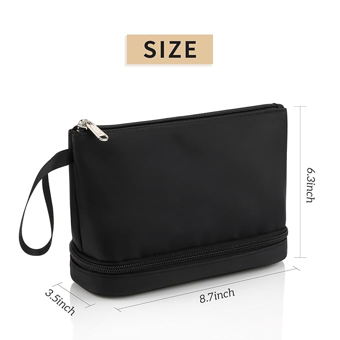 Ethereal Small Makeup Bag, 2 Layers Travel Makeup Bag with Makeup Brush Holder, Cosmetic Bag Black Make up Pouch for Women/Girls