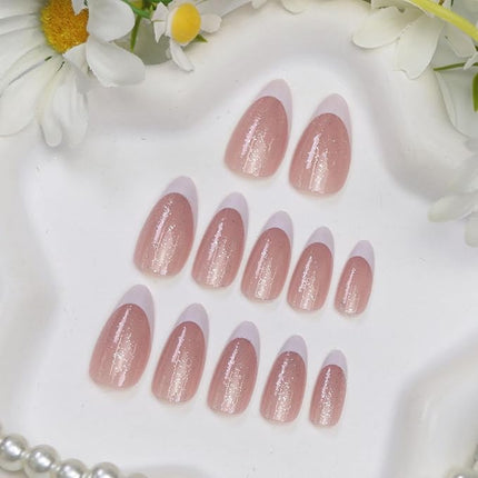 Almond Press on Nails Medium Fake Nails with Glitter Designs White French Tip Nails Press ons Winter Acrylic Nails for Women 24 Pcs