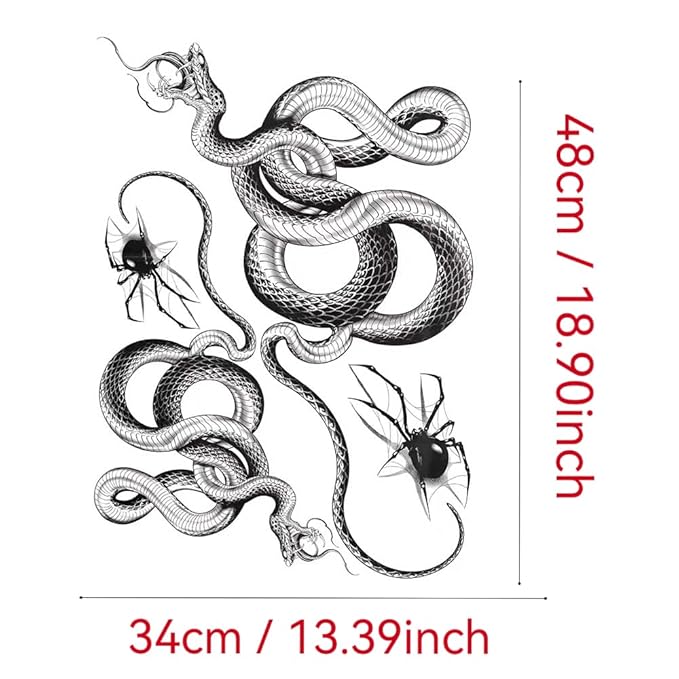 Large Temporary Tattoos Women Temporary Neck Tattoos Temporary Realistic Flower Chest Tattoo for Adults (Snake 3)