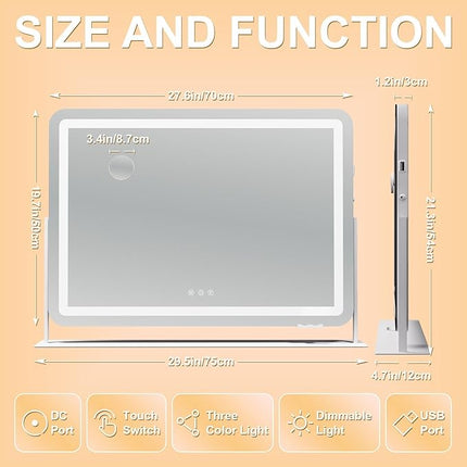 Hasipu Extra Large LED Vanity Mirror 30"x21" - Light up Makeup Mirror with 10X Magnification, Phone Holder, USB Charging & Smart Touch 3-Color Lighting (White)
