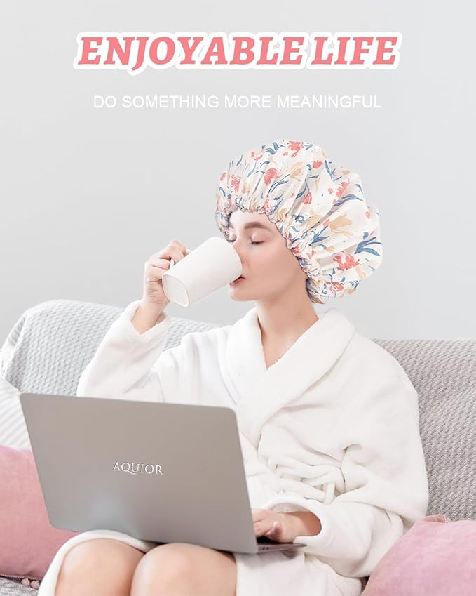 Aquior Shower Caps, Double Layer Waterproof Shower Cap for Women, Reusable Large Shower Cap for all Hair Lengths with EVA Lining, Soft Bath Shower Caps