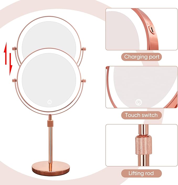 Nicesail LED Makeup Mirror 10X Magnification, 8 Inch Light Magnifying Mirror with 3 Color Light, Height Adjustable Brightness Vanity Mirror with Stand, 360 Rotation Double Sided for Make up, Rose Gold