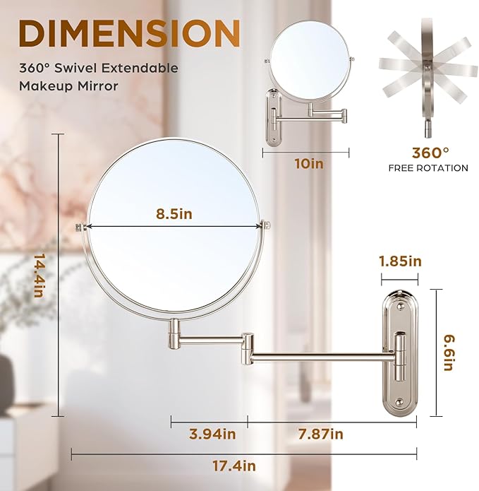 Wall Mounted Makeup Mirror - 1X/30X Magnifying Makeup Mirror with Extended Arm 360°Swivel Vanity Mirror, 8.5in Double Sided Mirror for Bathroom, No Lights