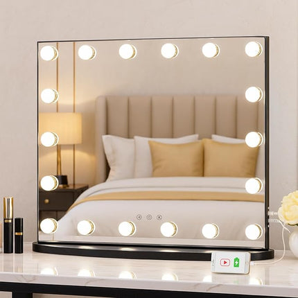 LUXFURNI Hollywood Glamour Vanity Mirror with 4 Extra Bottom Bulbs | Shadow-Free, Perfect Makeup View | Desk & Wall Mountable | 3 Color Modes for Office, Outdoor, Party Looks | USB Charging