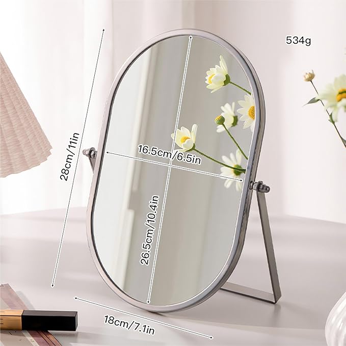 Bathroom Rectangle Desktop Makeup Mirror with Silver Metal Standing 180° Rotation Vanity Table Mirror Portable Cosmetic Mirror for Dressing Room Bedroom