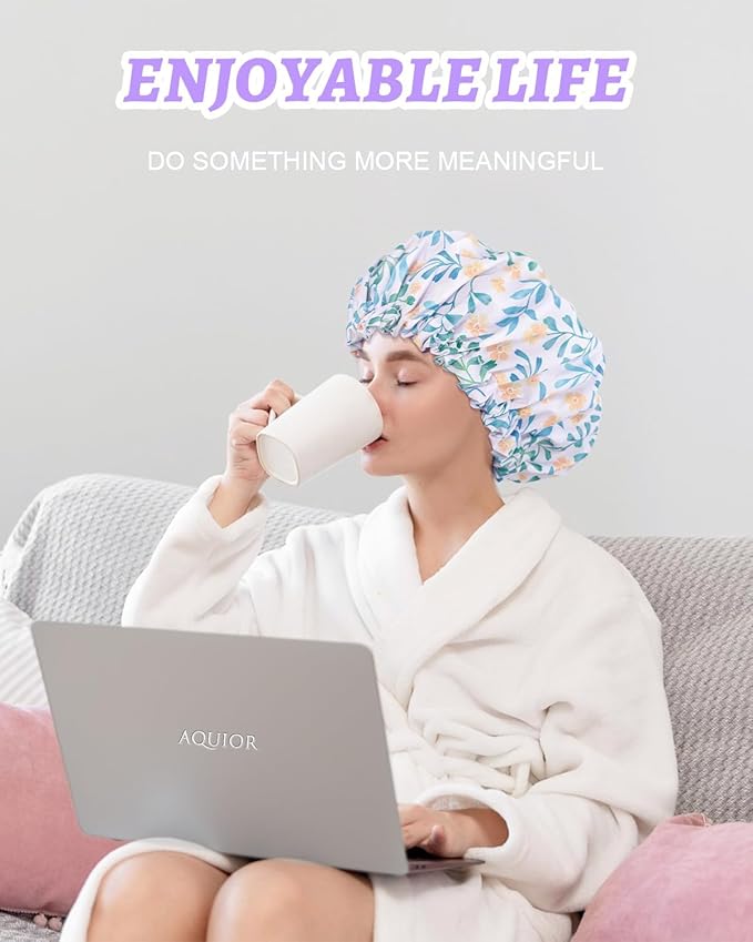 Aquior Shower Caps, Double Layer Waterproof Shower Cap for Women, Reusable Large Shower Cap for all Hair Lengths with EVA Lining, Soft Bath Shower Caps