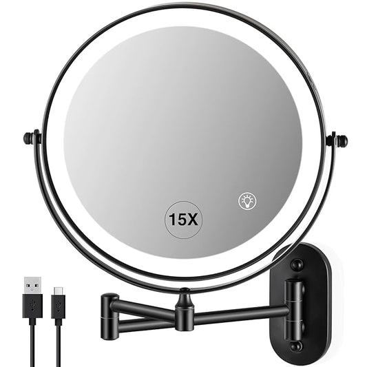 Wall Mounted Makeup Mirror: 1x/15x Magnifying Mirror with 8.5" Double Sided, Vanity Makeup Mirror for Bathroom, Brush Black