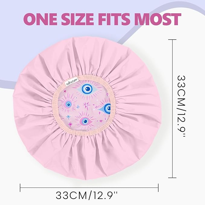 Years Calm Evil Eye Shower Caps for Women Reusable Waterproof, Pattern and Solid Color Dual-Layer Design, Hair Cap for Shower with Elastic Band, Fits Braids, Dreadlocks & Long Hair (Pink)