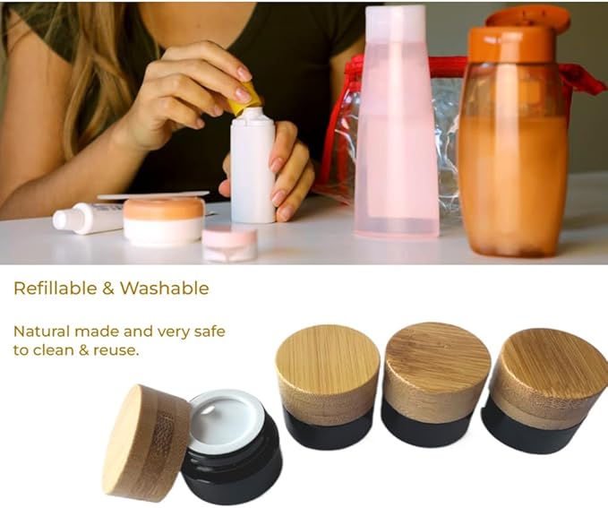 Empty Refillable Glass Cosmetic Jar 4 Pack 5g/0.17oz with Bamboo Lids,Skin Care Travel Containers Pot Vial Holder Sample Storage for Eye Cream Lotion Ointments Lip Balm Brown