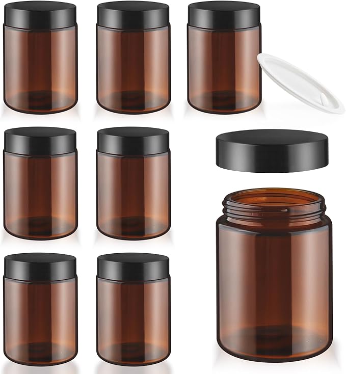 8 Pcs Amber Glass Cream Jar Refillable Empty Cosmetic Storage Bottle Sample Container Pot with Black Lids for Make Up Lotion Face Cream - 150ml/5oz