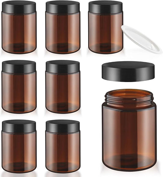 8 Pcs Amber Glass Cream Jar Refillable Empty Cosmetic Storage Bottle Sample Container Pot with Black Lids for Make Up Lotion Face Cream - 150ml/5oz