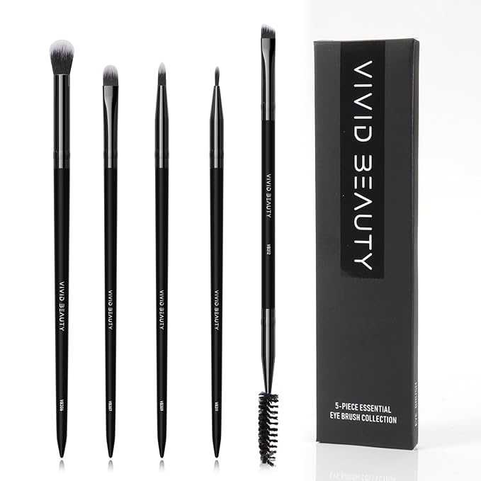 Eye Makeup Brush Set 5pcs - Blending, Concealer, Eyeshadow, Eyeliner & Dual Ended Brow Brushes, Soft Bristles and Wood Handle for Natural, Smoky and Bold Eye Looks - Small Travel Eyes Kit (Black)