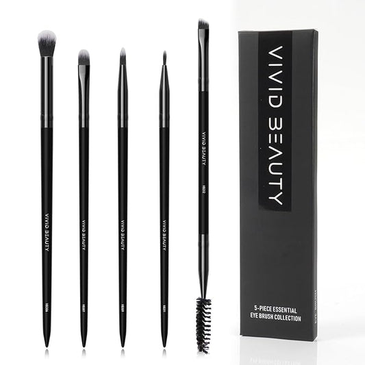 Eye Makeup Brush Set 5pcs - Blending, Concealer, Eyeshadow, Eyeliner & Dual Ended Brow Brushes, Soft Bristles and Wood Handle for Natural, Smoky and Bold Eye Looks - Small Travel Eyes Kit (Black)