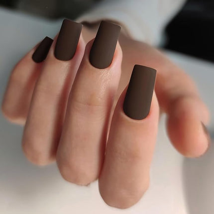 Matte Brown Press on Nails Long Square, KXAMELIE Medium Coffin Nails Press ons Long Glue on Nails Natural Thick Fake Long Nails Acrylic Nails Reusable 24 Fake Nails Solid Color False Nails for Women