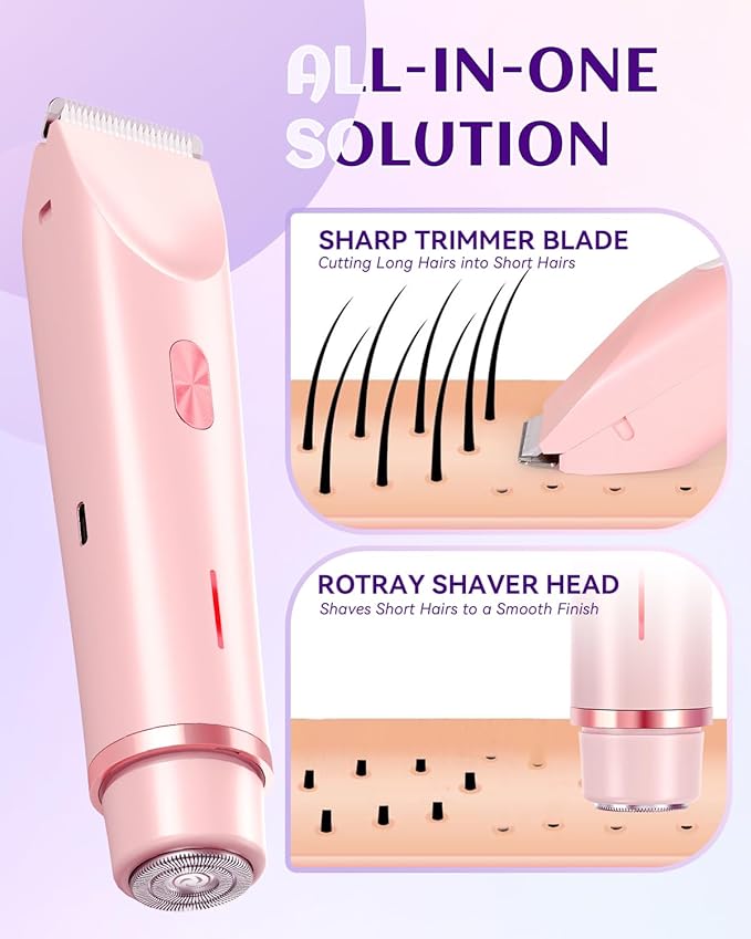 Dermawave Bikini Shaver Trimmer 2.0 for Women Pubic Hair, 2 in 1 Dual Head Painless Electric Razor for Bikini Line Area, Waterproof
