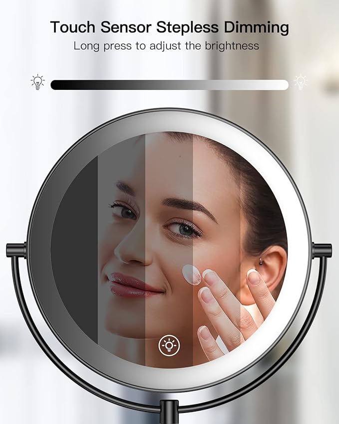 Gospire 9” Wall Mounted Lighted Magnifying Mirror, 1X/10X Magnification Double-Sided LED Bathroom Mirror, 3 Color Lights & Stepless Dimming with Touch Sensor, Extendable Arm 360° Swivel for Shaving