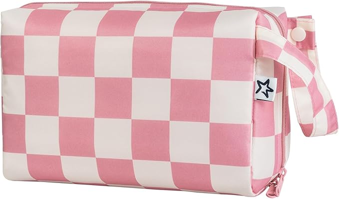 Tiny Twinkle Portable Waterproof Makeup Bag | Travel-Friendly Cosmetic Organizer with Convenient Carry Handle | Spacious Interior, and Secure Zipper Closure (Pink Checkers)