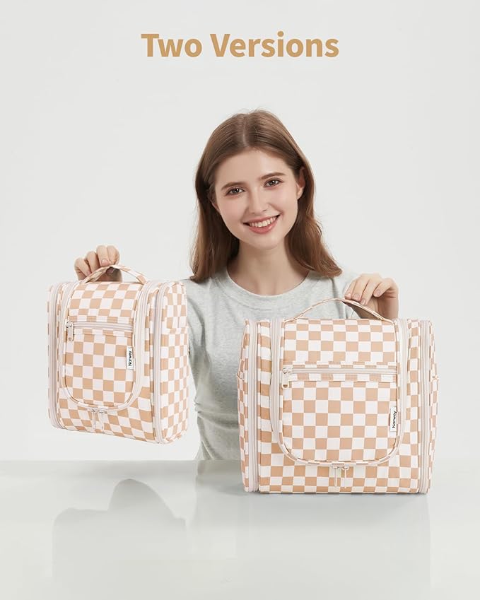 Narwey Small Checkered Hanging Travel Toiletry Bag for Women, Travel Bag for Toiletries, Makeup Bag Organizer Cosmetic Bags Make Up Bags for Women (Light Checkerboard)