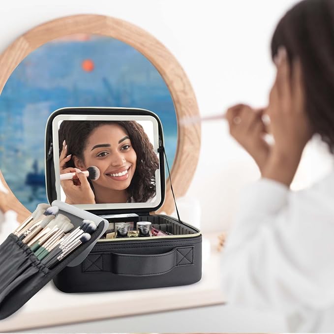 Travel Makeup Bag with LED Mirror Travel Makeup Organizer with 3 Lighted Settings, Adjustable Dividers and Makeup Brush Storage Bag Black