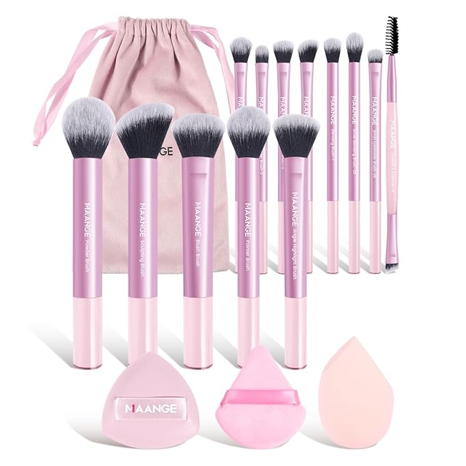 MAANGE 16PCS Makeup Brush Set Travel Makeup Brushes for Liquid Powder Contour Concealer Cream Cosmetics Blending Eyeshadow Eyeliner (Pink)