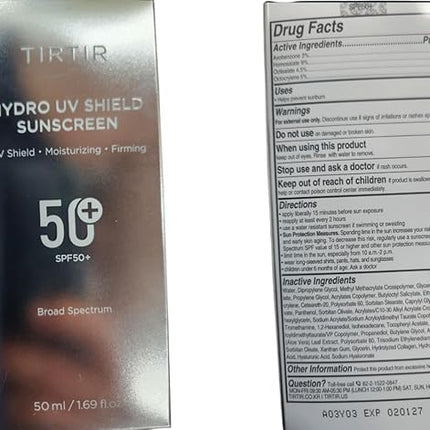 TIRTIR Hydro UV Shield Sunscreen | SPF 50+ Broad Spectrum UVA UVB Korean No White Cast Face Sunblock, 1.69 Fl Oz