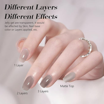 CANNI Jelly Gel Nail Polish Set – 6 Colors (Milky White, Nude, Grey), 9ML Sheer Translucent Neutral Gel Polish, Soak Off UV LED, High Gloss Salon Manicure for Women