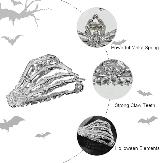 3 Pieces Large Metal Spider Net Hand Hair Claw Clips for Women and Girls Thick Long Hair, Nonslip Skeleton Spooky Barrette Headband Hair Styling Accessories for Halloween Christmas Gifts