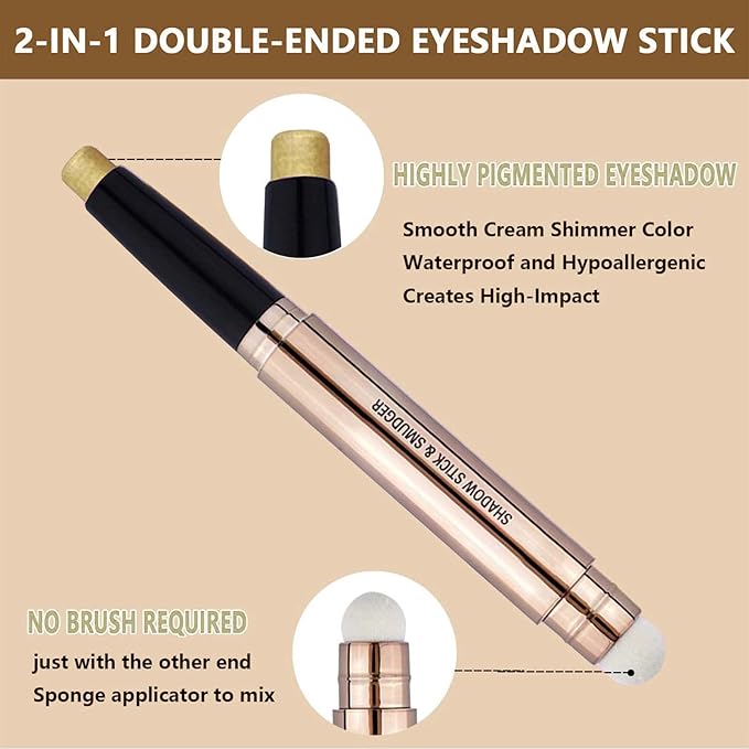 Gold Eyeshadow Stick Cream Shimmer Smooth Eyeshadow Pencil Hypoallergenic Waterproof Long Lasting Eye shadow pen Highlighter Stick Multi-Dimensional eyes Look (14# Gold Shimmer)
