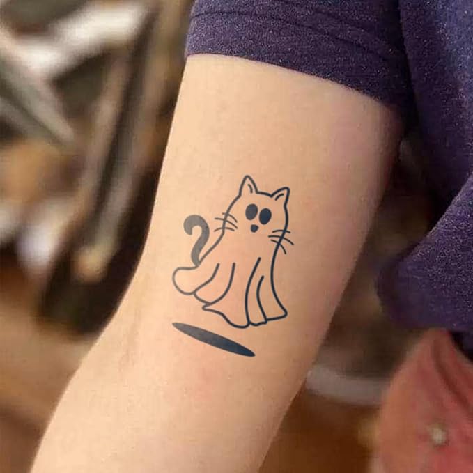 6 Designs Cute Ghost Temporary Tattoos – Halloween Fake Tattoos for Adults, Fun Cartoon Ghost, Cat & Spooky RIP Body Art Tattoo Stickers, Realistic & Long Lasting for 2 Weeks