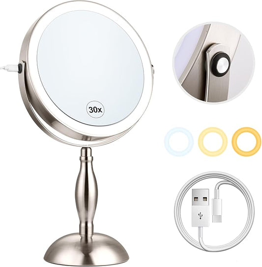 Makeup Mirror with Lighted, 30x Magnifying Mirror with 3 Lights Colors, Vanity Mirror Brushed Nickel - 360° Rotation, Brightness Adjustable Magnification, Modern Style Side Touch + Side Charge