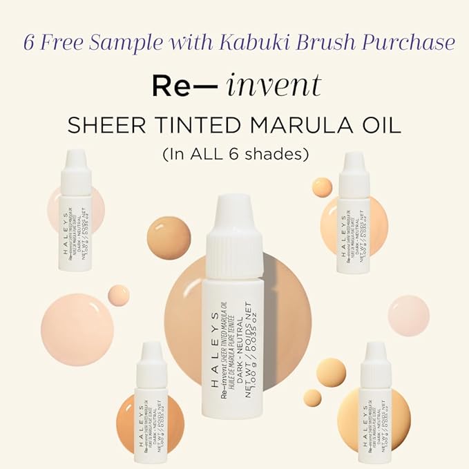 HALEYS Kabuki Makeup Brush + GWP Skin Tint Mini, VEGAN+CRUELTY-FREE, Sustainable Wood, Vegan Bristles for Airbrushed Finish, For Creams, Liquids, Powder, Streak-free, Perfect Blending, Buffs, Blurs