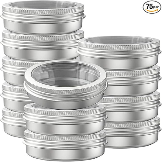 75 Pcs Clear Window Aluminum Round Cans,Candle Containers with Screw Lid,2 Oz Metal Round Tins for Crafts,Cosmetic, DIY