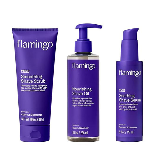 Flamingo 3-Step Shaving Set for Women - Smoothing Prep Scrub, Nourishing Shave Oil, and Soothing Post Shaving Serum - Glow Shave Collection