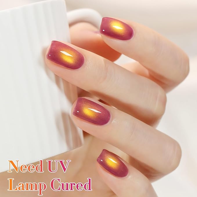 Double Rhythm 0.5 OZ Cat Eye Gel Polish with Magnet 15ML Holographic Glitter Shimmer Translucent Jelly Color Magnetic Nail Polish Salon DIY at Home (Sunny Red Purple-MC1252)