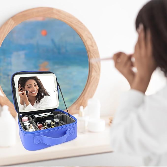 Travel Makeup Bag with LED Mirror Travel Makeup Organizer with 3 Lighted Settings, Adjustable Dividers and Makeup Brush Storage Bag Dark Blue