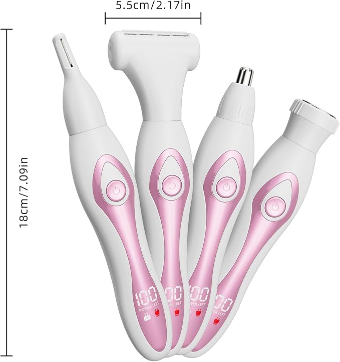 Electric Razors for Women, Painless Bikini Trimmer for Women for Silk Skin, 4-in-1 Wet/Dry Cordless Body Shaver, IPX6 Waterproof Replaceable Facial, Eyebrow, Nose Trimmer, Type-C Fast Charge, Pink