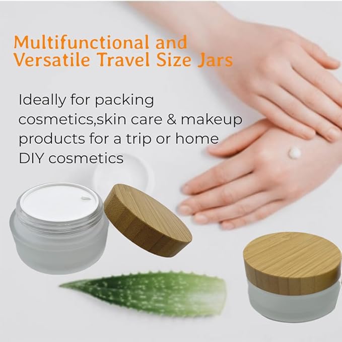 Empty Refillable Frosted Glass Cosmetic Cream Jar 4 Pack 3.3 OZ/100g with Bamboo Lids,Skin Care Travel Containers Pot for Clay Masks,Butter,Body Scrub,Lip Balm, Ointments, Lotion Frost