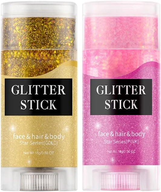 2 Color Face Glitter Stick,Holographic Sequins Paint Sparkling Body Glitter Gel Makeup for Women. (Pink and Gold face Glitter Stick)