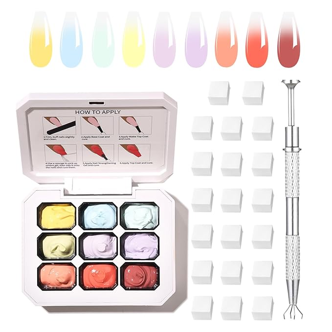 Ombre Gel Nail Polish with Nail Art Sponges for Pat Gel Ombre Color Palette Blush Effect Gradient Painting Gels 9colors for Ombre Nails Multistyle French Manicure DIY