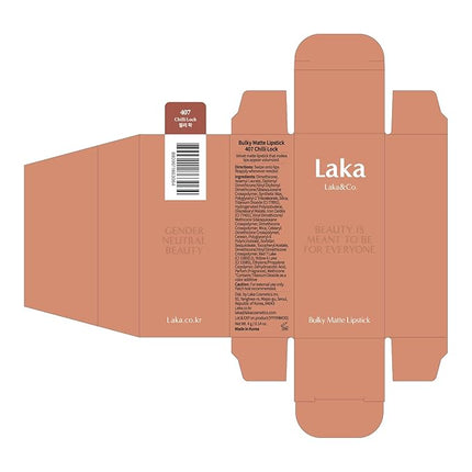 Laka Bulky Matte Lipstick, 4g/0.14oz., Long Wear, Non-Drying Lip Stain Stick with High Pigmentation, Voluminous Lips, K-Beauty (#407 Chilli Lock)