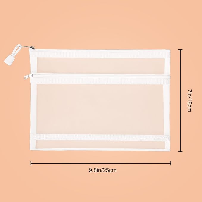 12 Pieces Zipper Nylon Mesh Pouch, Mesh Cosmetic Bags Makeup Bags Pencil Case, Multipurpose Travel Bags for Cosmetic School Office Supplies and Travel Accessories (2 Layers-White, A5)