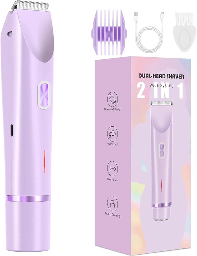 Bikini Trimmer for Women, Dermave Bikini Shaver, Dual Head Shaver Painless Hair Removal for Face, Body & Intimate Areas (Purple)