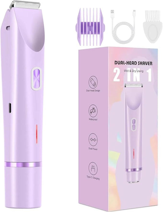 Bikini Trimmer for Women, Dermave Bikini Shaver, Dual Head Shaver Painless Hair Removal for Face, Body & Intimate Areas (Purple)