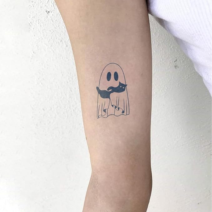 Ghost & Black Cat Temporary Tattoos – 6 Cute & Playful Designs, Fun Ghost and Cat Art, Realistic & Long-Lasting for Adults