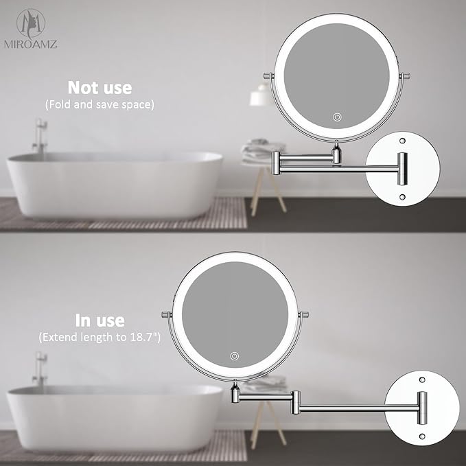 Rechargeable Wall Mounted Lighted Makeup Vanity Mirror 9 Inch Double Sided 1X 10X Magnifying Bathroom Mirror, 3 Color Lighting, Touch Screen Dimming, 360 Rotation Shaving Mirror Chrome