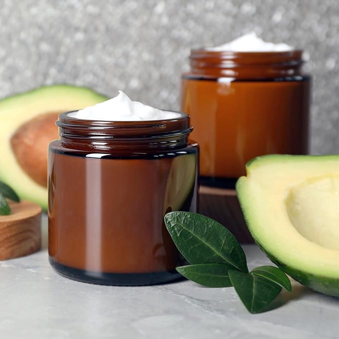 TUZAZO 4 Oz Thick Amber Round Glass Jars with Inner Lids and Black Lids, 24 Pack Small Empty Candle Making Jars/Cosmetic Containers for Lotions, Creams, Body Butters, Essential oil Beauty Products