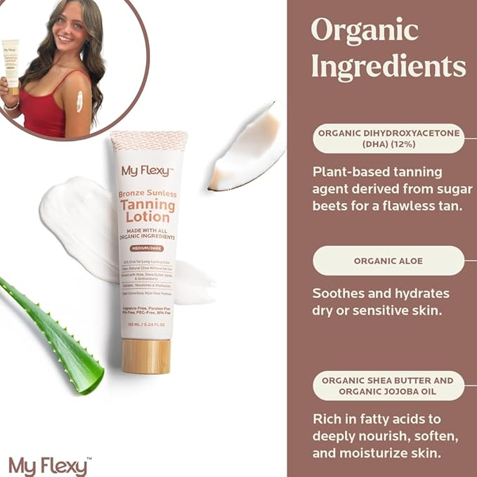 Sunless Tanning Lotion – Organic-Medium/Dark Tan, Natural Self Tanner with Aloe, Shea Butter, Coconut Oil & Jojoba – Clean, Streak-Free Self Tanning lotion for body, Gradual Self Tan, 5oz