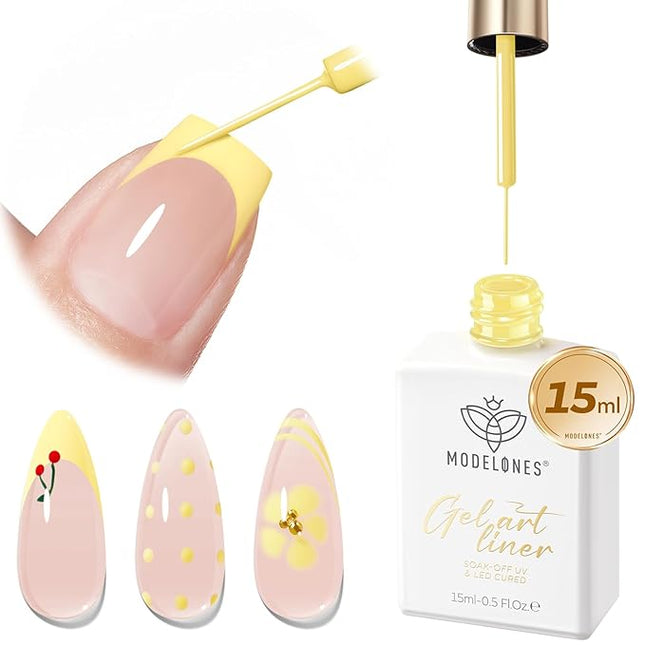modelones Yellow French Tip Liner Gel Polish, 15 ML Butter Light Yellow Pastel Color Nail Art Paint Swirl with Fine Line Brush Soak Off U V DIY Home Salon Professional Manicure Design Gift for Women