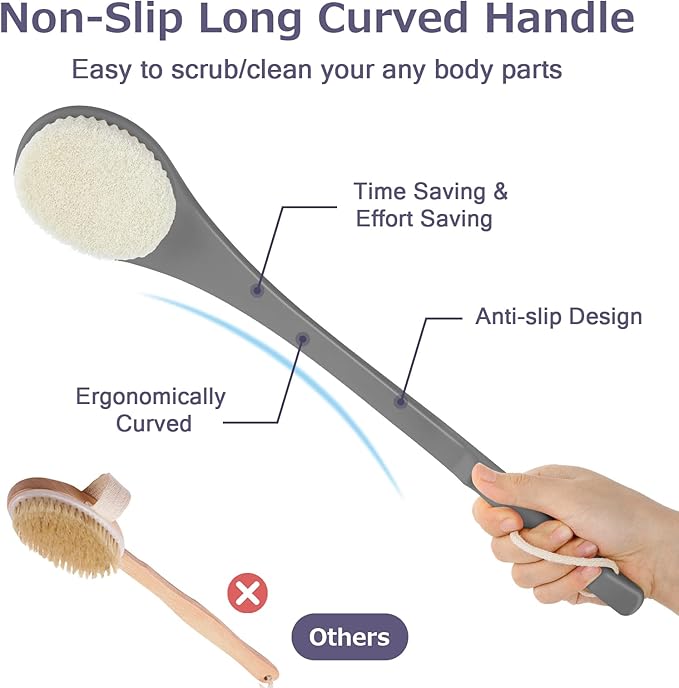 Body Back Scrubber – 17'' Long Handle Shower Brush, Durable Exfoliator for Dry & Wet Use, Deep Cleansing & Gentle Exfoliation for Smooth Skin – for Men, Women & Elderly (Gray)