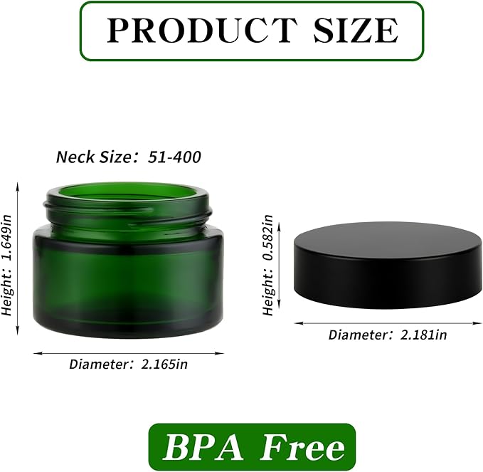 2 oz Reusable Green Glass Container Jars 24 Pack with Wide-mouth Leak Proof Cap and Inner Pull-On Lid for Travel Storage Makeup, Face Creams, Body Lotions, DIY Crafts or Others
